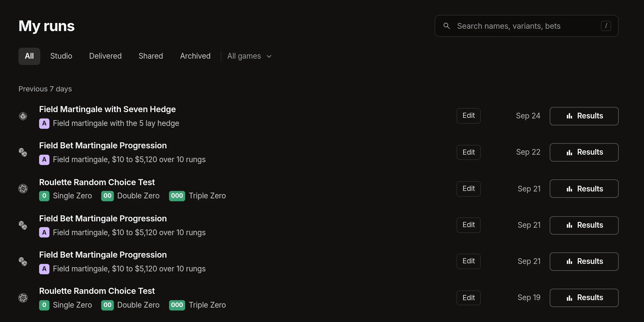 The My Runs page: tabs for All, Studio, Delivered, Shared, and Archived, a search box, and a list of systems with their variants, an Edit button, the date, and a Results button.