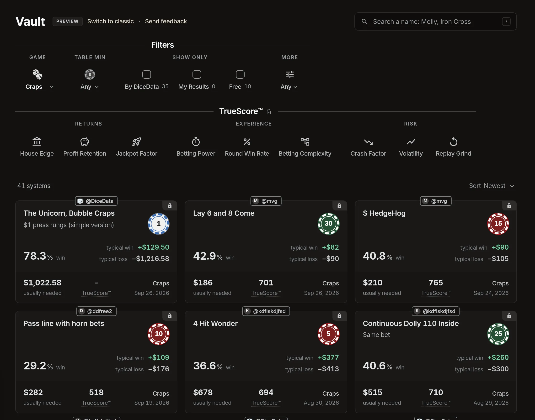 The new vault in DiceData Studio: a filter bar for game, table minimum, show only, and more filters, the nine TrueScore measures, and a grid of craps system cards with win rate, typical win and loss, usually needed, and TrueScore.