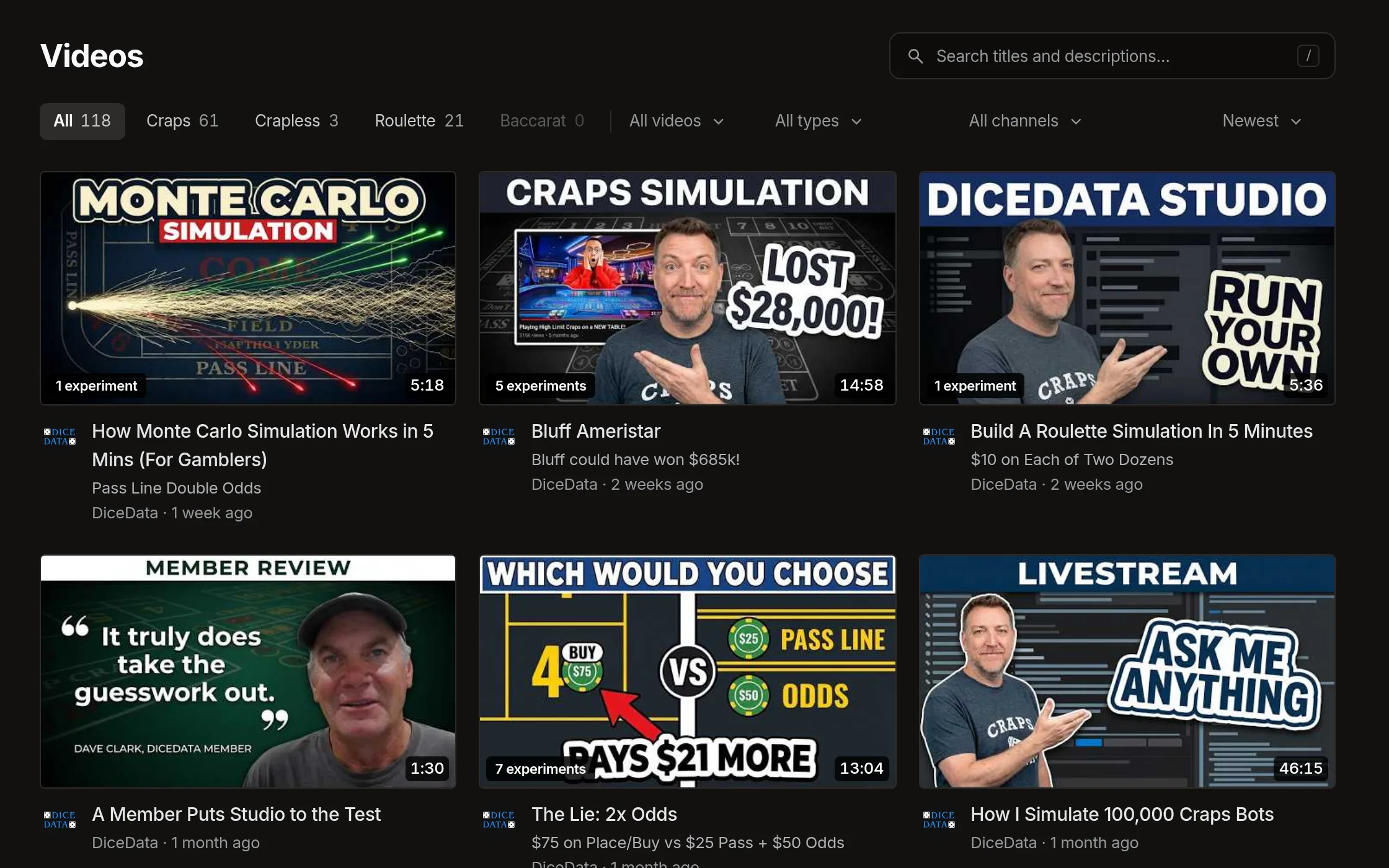 The Videos page in DiceData Studio: a grid of DiceData YouTube videos with game tabs, search, and the number of experiments linked to each video.