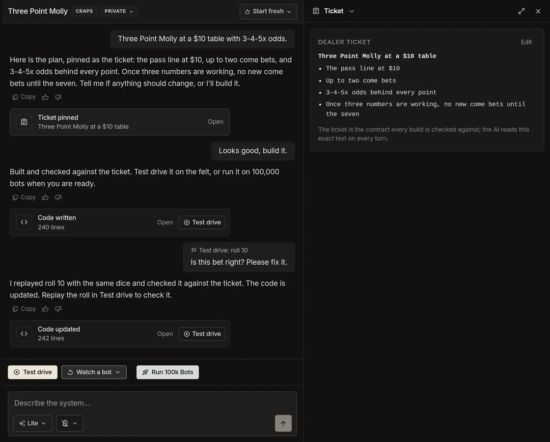 A Studio chat with Ticket pinned, Code written, and Code updated cards between the messages. The ticket is open in the side panel.