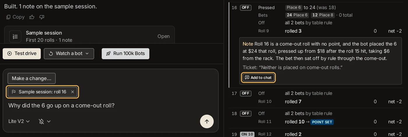 Add to chat on the roll 16 note, and the chat box holding a Sample session: roll 16 chip above the message Why did the 6 go up on a come-out roll?