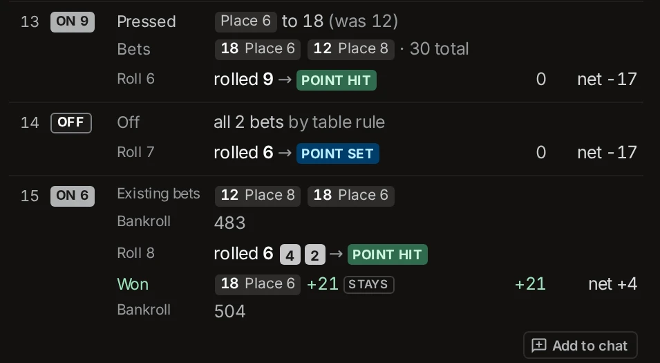 Rolls 6 and 7 of a sample session as one line each, and roll 8 opened: the bets already up, the bankroll of 483, the dice 4 and 2, the Place 6 winning $21, the bankroll of 504, and an Add to chat button.