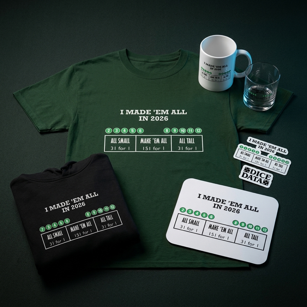 Made 'Em All 2026 shirts, mug, rocks glass, and stickers printed with the All Small, Make 'Em All, and All Tall bet designs